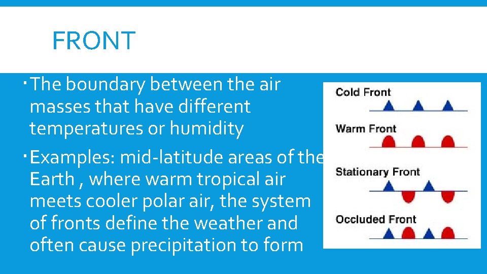 FRONT The boundary between the air masses that have different temperatures or humidity Examples: