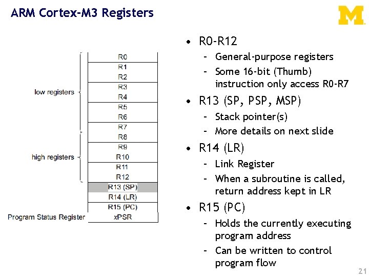 ARM Cortex-M 3 Registers • R 0 -R 12 – General-purpose registers – Some