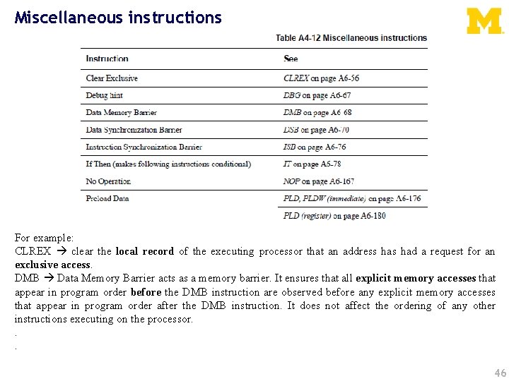 Miscellaneous instructions For example: CLREX clear the local record of the executing processor that