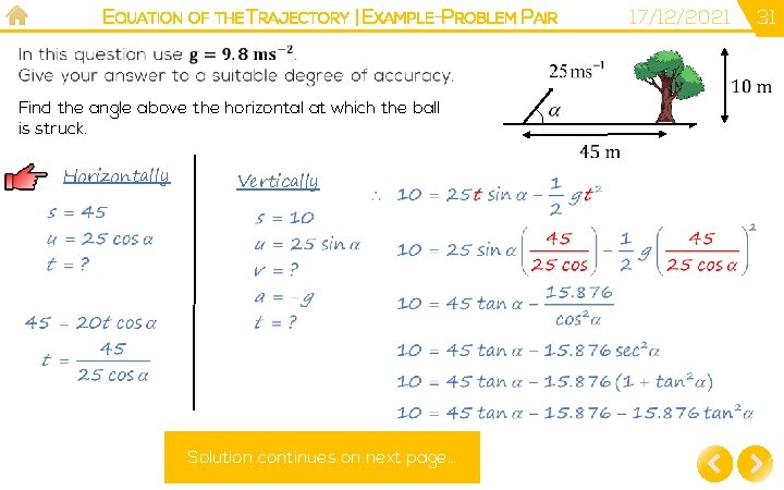 EQUATION OF THE TRAJECTORY | EXAMPLE-PROBLEM PAIR Find the angle above the horizontal at
