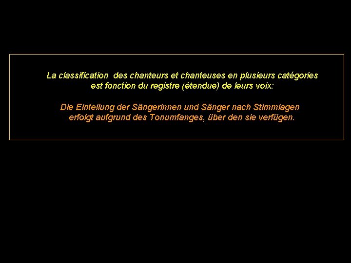 La classification des chanteurs et chanteuses en plusieurs catégories est fonction du registre (étendue)