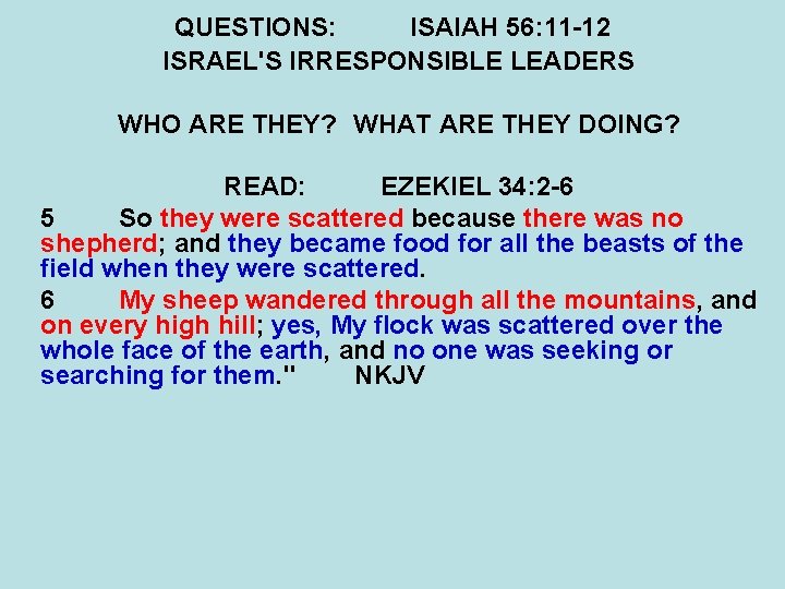 QUESTIONS: ISAIAH 56: 11 -12 ISRAEL'S IRRESPONSIBLE LEADERS WHO ARE THEY? WHAT ARE THEY