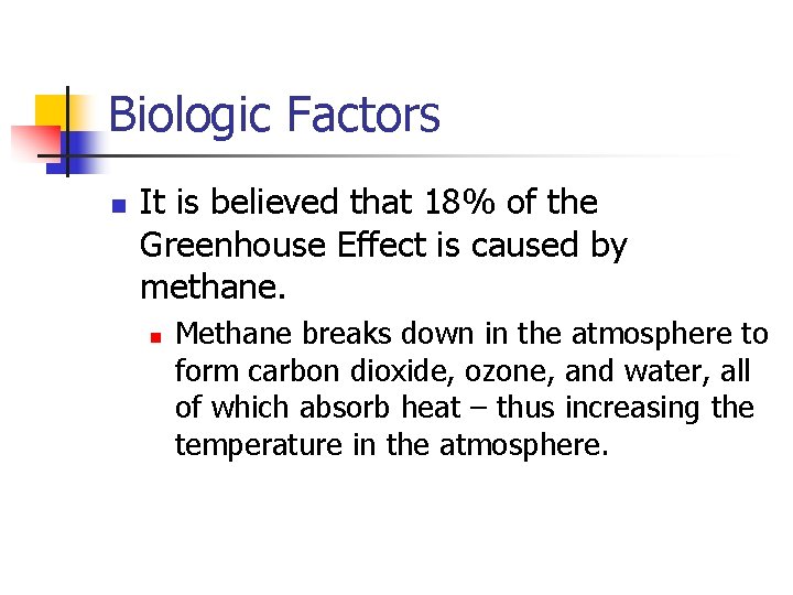 Biologic Factors n It is believed that 18% of the Greenhouse Effect is caused