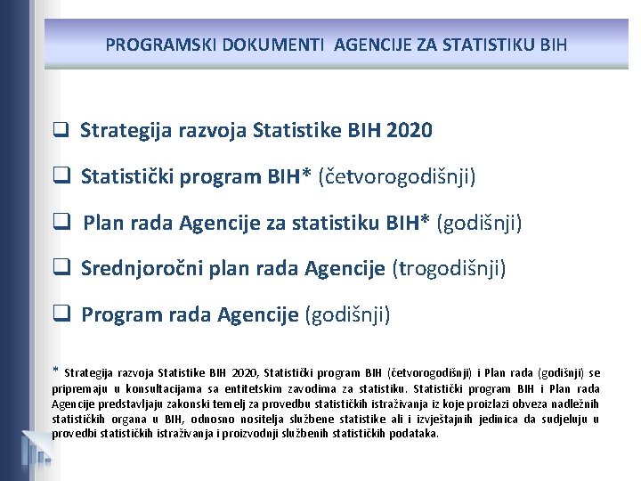 PROGRAMSKI DOKUMENTI AGENCIJE ZA STATISTIKU BIH q Strategija razvoja Statistike BIH 2020 q Statistički