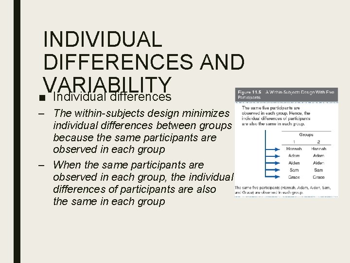 INDIVIDUAL DIFFERENCES AND VARIABILITY ■ Individual differences – The within-subjects design minimizes individual differences