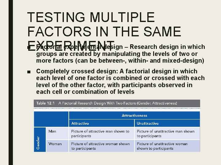 TESTING MULTIPLE FACTORS IN THE SAME ■ Factorial experimental design – Research design in