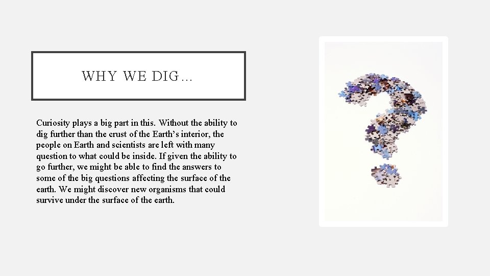 WHY WE DIG… Curiosity plays a big part in this. Without the ability to