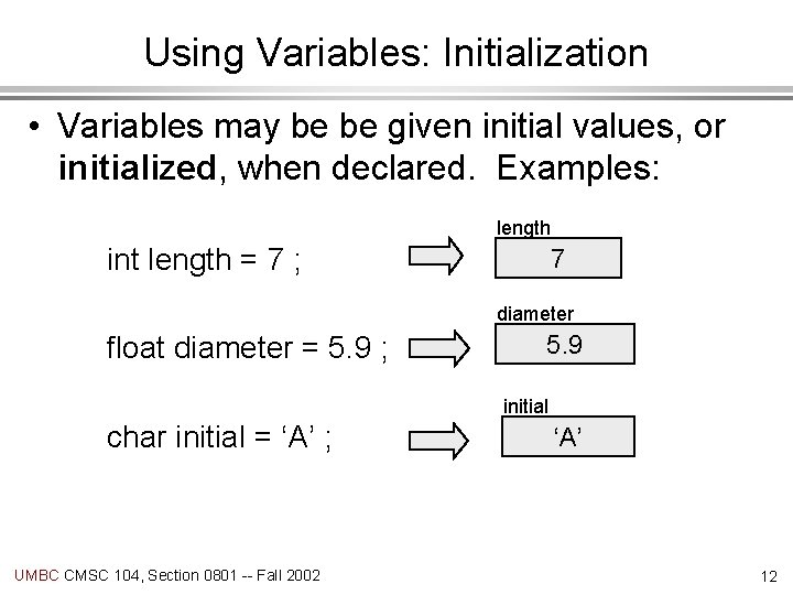 Using Variables: Initialization • Variables may be be given initial values, or initialized, when