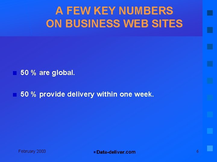 A FEW KEY NUMBERS ON BUSINESS WEB SITES 50 % are global. 50 %