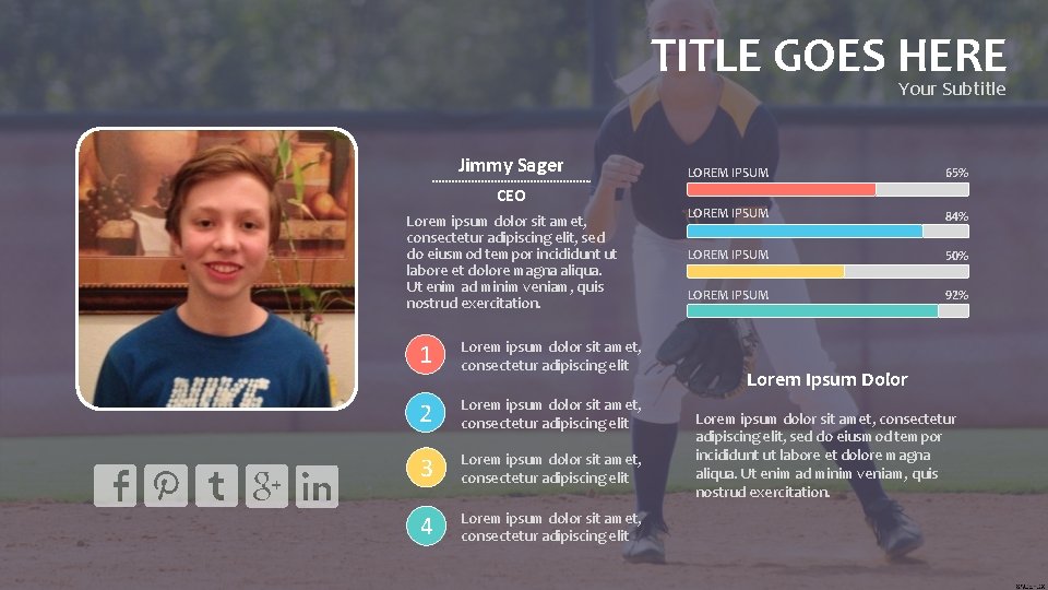 TITLE GOES HERE Your Subtitle Jimmy Sager CEO Lorem ipsum dolor sit amet, consectetur