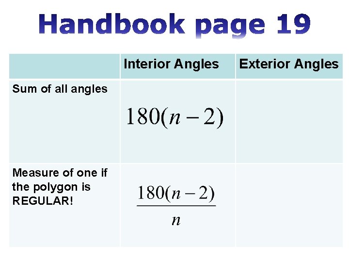 Interior Angles Sum of all angles Measure of one if the polygon is REGULAR!