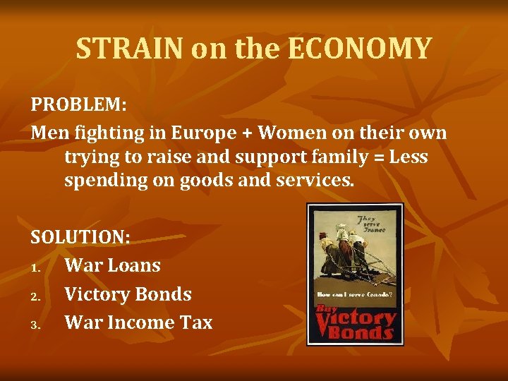 STRAIN on the ECONOMY PROBLEM: Men fighting in Europe + Women on their own
