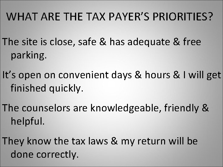 WHAT ARE THE TAX PAYER’S PRIORITIES? The site is close, safe & has adequate