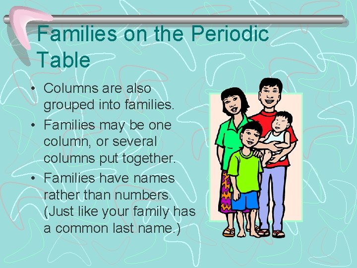 Families on the Periodic Table • Columns are also grouped into families. • Families