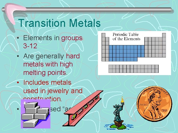 Transition Metals • Elements in groups 3 -12 • Are generally hard metals with