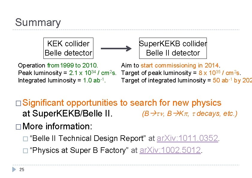 Summary KEK collider Belle detector Super. KEKB collider Belle II detector Operation from 1999