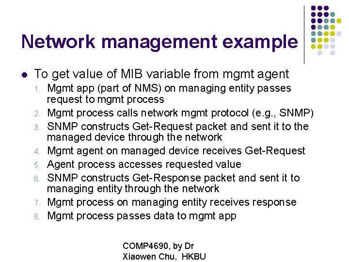 Network management example To get value of MIB variable from mgmt agent 1. 2.