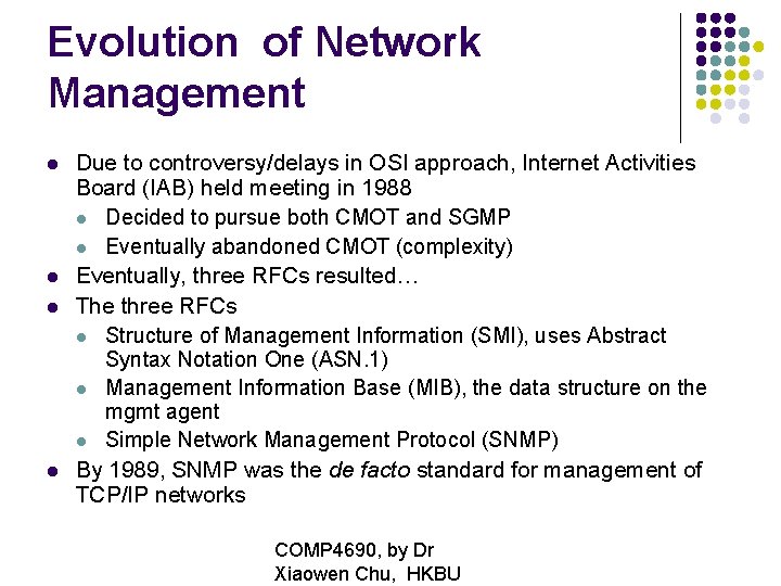 Evolution of Network Management Due to controversy/delays in OSI approach, Internet Activities Board (IAB)