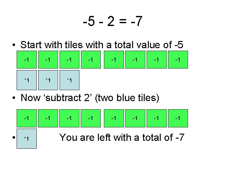 -5 - 2 = -7 • Start with tiles with a total value of