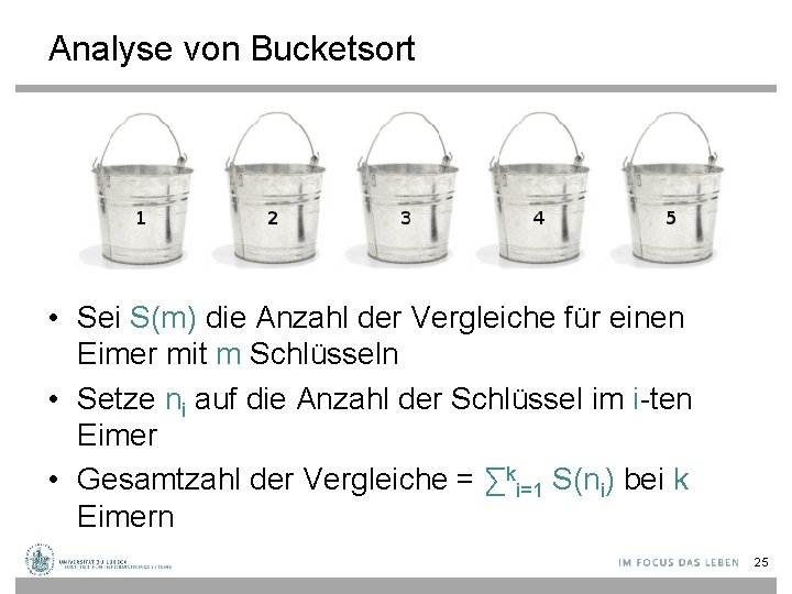 Analyse von Bucketsort • Sei S(m) die Anzahl der Vergleiche für einen Eimer mit