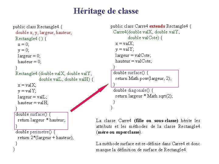 Héritage de classe public class Rectangle 4 { double x, y, largeur, hauteur; Rectangle