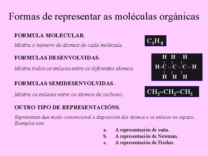Formas de representar as moléculas orgánicas FORMULA MOLECULAR. Mostra o número de átomos de