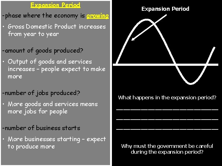 Expansion Period -phase where the economy is growing Expansion Period • Gross Domestic Product