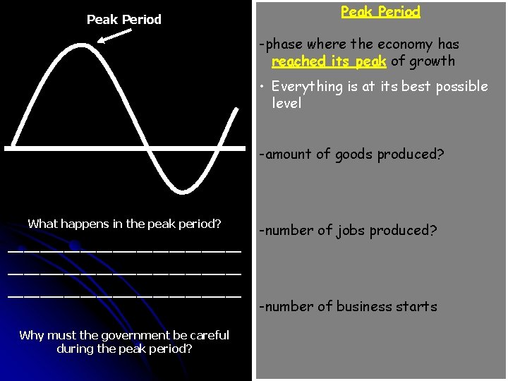 Peak Period -phase where the economy has reached its peak of growth • Everything