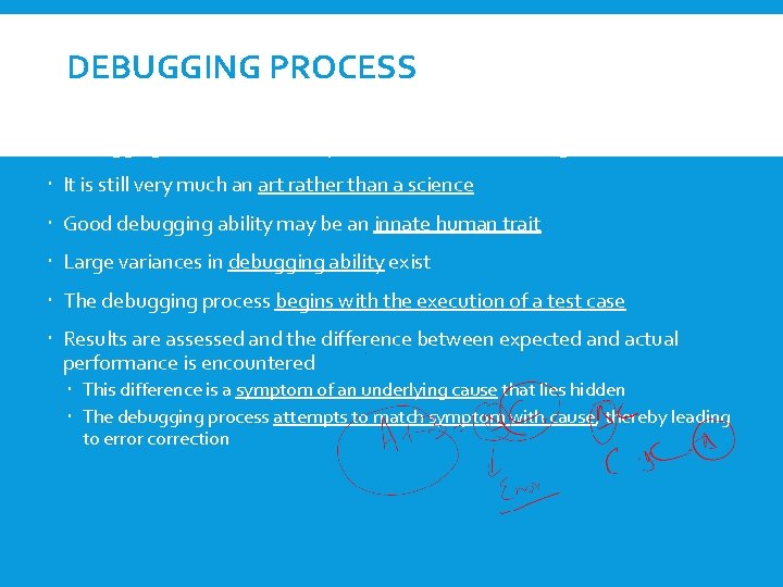 DEBUGGING PROCESS Debugging occurs as a consequence of successful testing It is still very