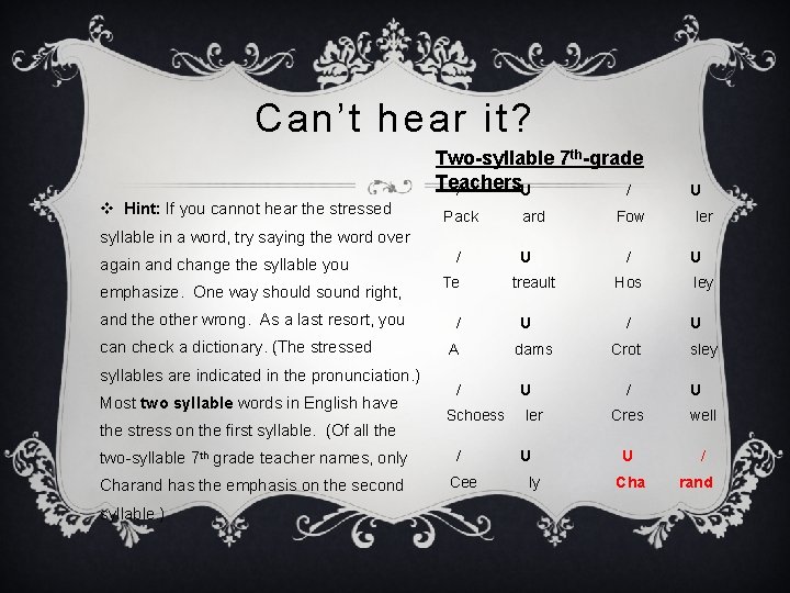 Can’t hear it? Two-syllable 7 th-grade Teachers / / U v Hint: If you