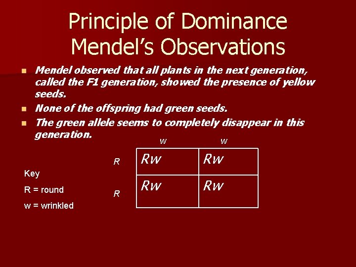 Principle of Dominance Mendel’s Observations n n n Mendel observed that all plants in