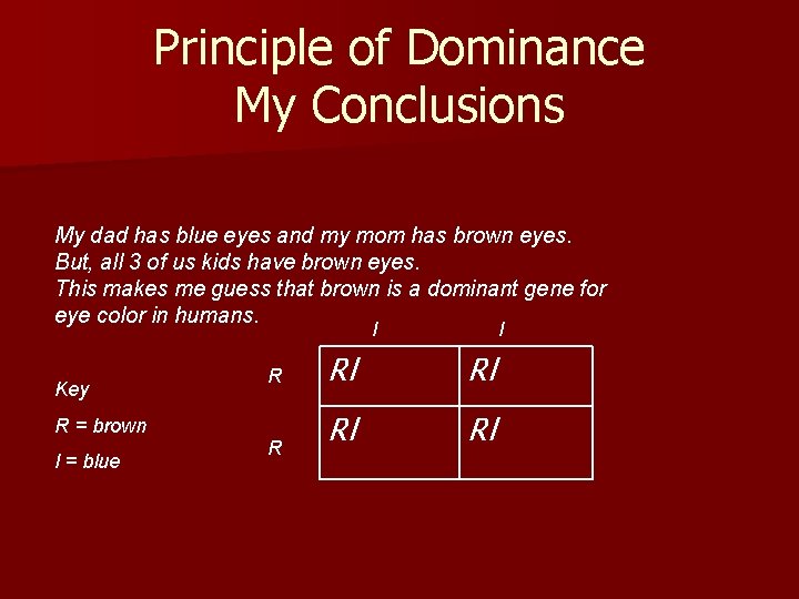 Principle of Dominance My Conclusions My dad has blue eyes and my mom has