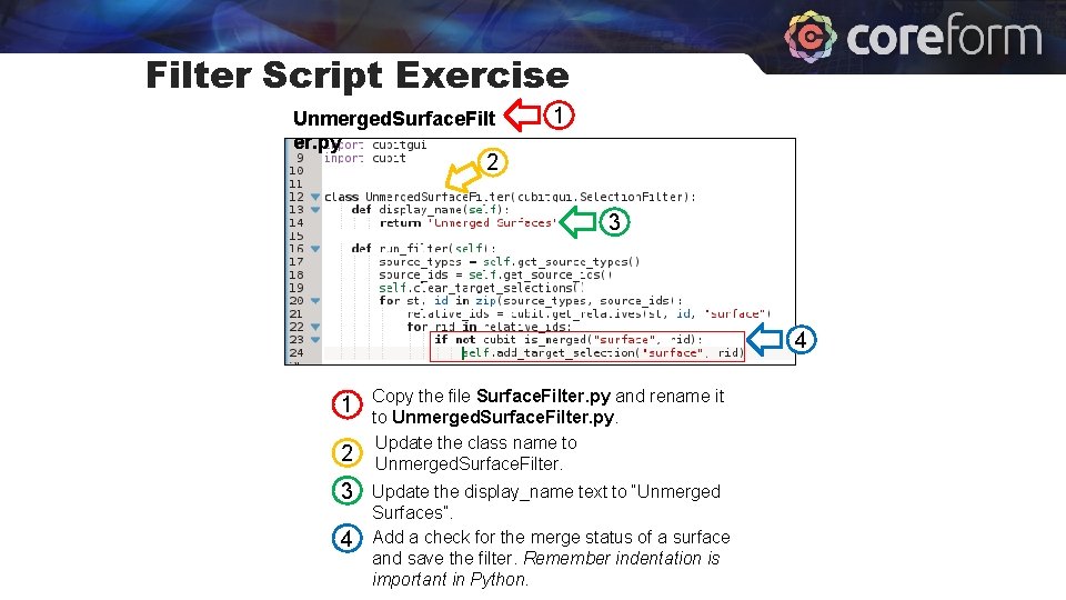 Filter Script Exercise Unmerged. Surface. Filt er. py 1 2 3 4 Copy the