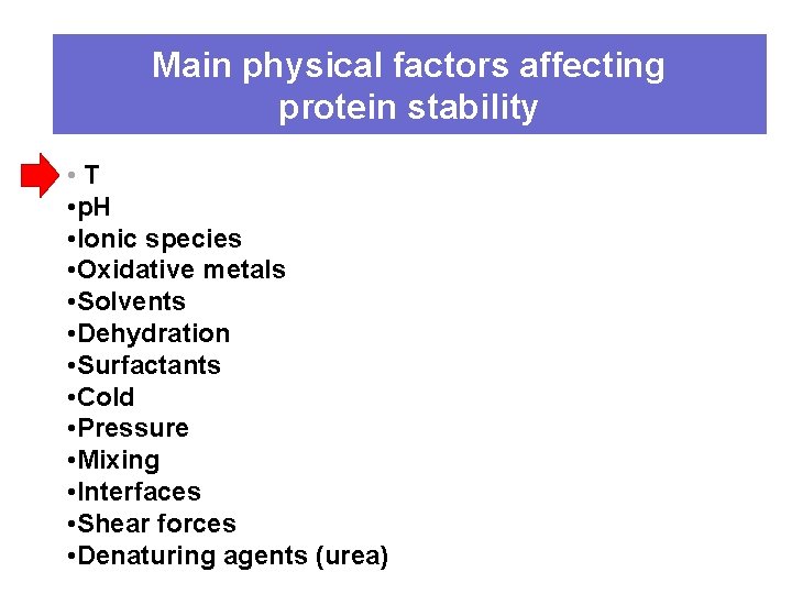 Main physical factors affecting protein stability • T • p. H • Ionic species