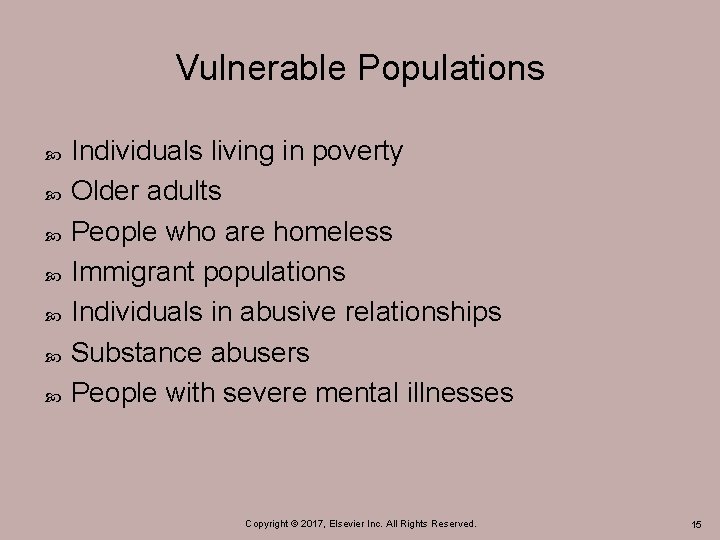 Vulnerable Populations Individuals living in poverty Older adults People who are homeless Immigrant populations