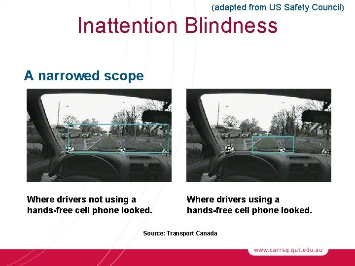 (adapted from US Safety Council) Inattention Blindness A narrowed scope Where drivers not using