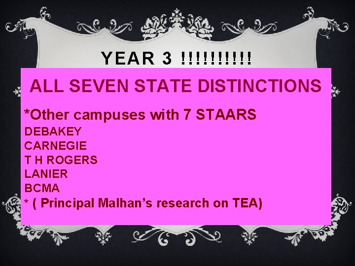 YEAR 3 !!!!! ALL SEVEN STATE DISTINCTIONS *Other campuses with 7 STAARS DEBAKEY CARNEGIE