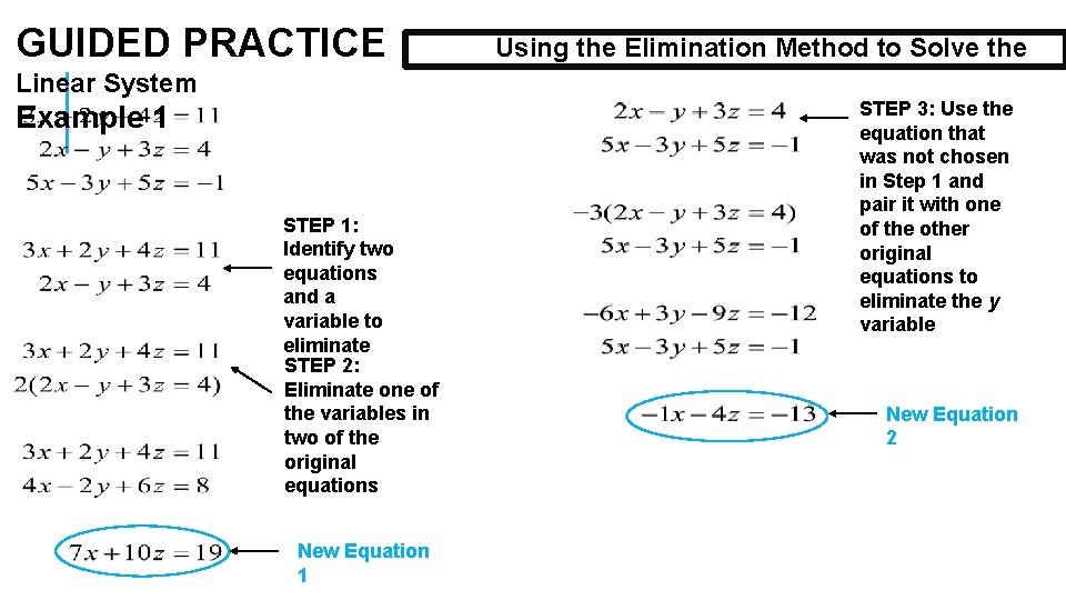 GUIDED PRACTICE Using the Elimination Method to Solve the Linear System Example 1 STEP