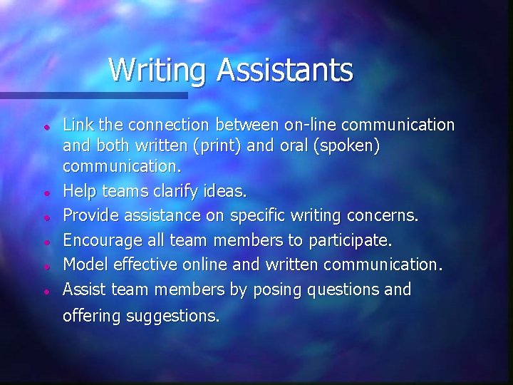 Writing Assistants l l l Link the connection between on-line communication and both written