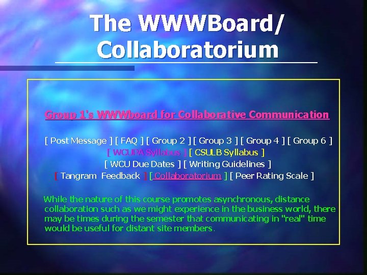 The WWWBoard/ Collaboratorium Group 1's WWWboard for Collaborative Communication [ Post Message ] [