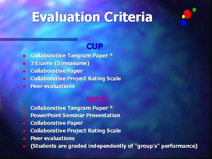 Evaluation Criteria CUP l l l Collaborative Tangram Paper * 3 Exams (3 measures)