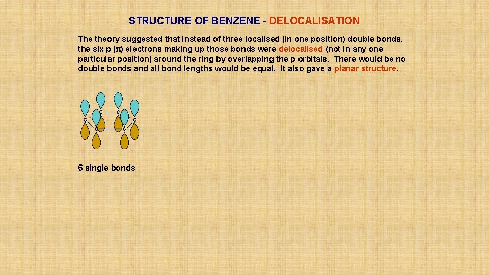 STRUCTURE OF BENZENE - DELOCALISATION The theory suggested that instead of three localised (in