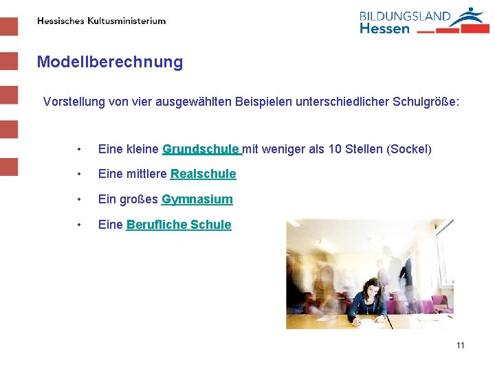 Modellberechnung Vorstellung von vier ausgewählten Beispielen unterschiedlicher Schulgröße: • Eine kleine Grundschule mit weniger