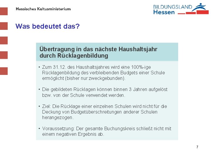 Was bedeutet das? Übertragung in das nächste Haushaltsjahr durch Rücklagenbildung • Zum 31. 12.