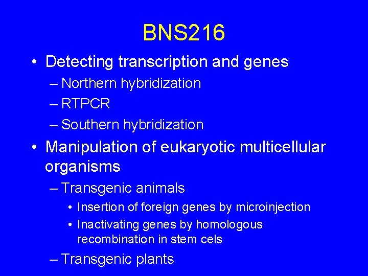 BNS 216 • Detecting transcription and genes – Northern hybridization – RTPCR – Southern