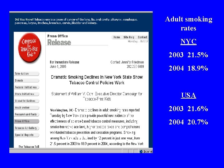 Adult smoking rates NYC 2003 21. 5% 2004 18. 9% USA 2003 21. 6%