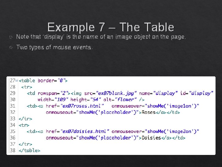 Example 7 – The Table Note that ‘display’ is the name of an image Example 7 – The Table Note that ‘display’ is the name of an image