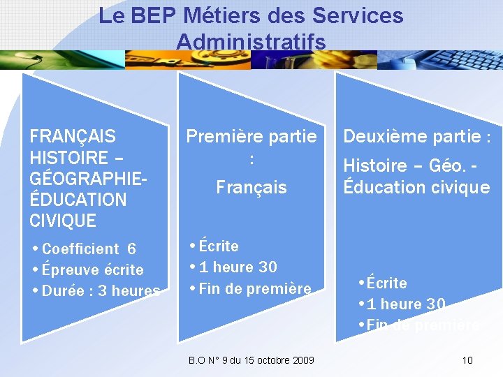 Le BEP Métiers des Services Administratifs FRANÇAIS HISTOIRE – GÉOGRAPHIEÉDUCATION CIVIQUE Première partie :