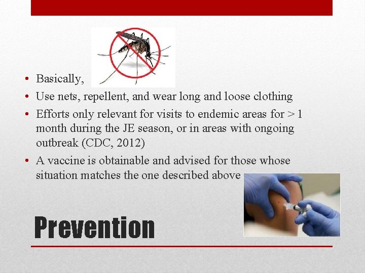  • Basically, • Use nets, repellent, and wear long and loose clothing •