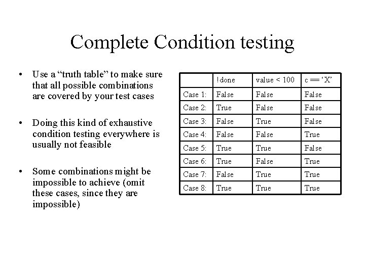 Complete Condition testing • Use a “truth table” to make sure that all possible